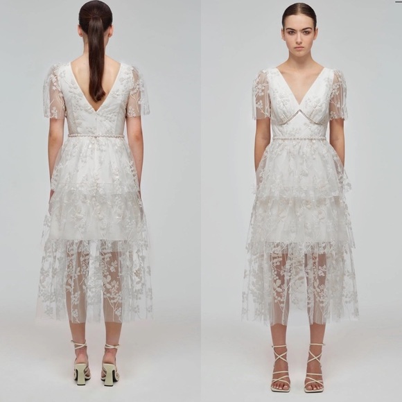 Self-Portrait Dresses & Skirts - SELF-PORTRAIT Ivory Blossom Sequin Two Tier Midi Dress